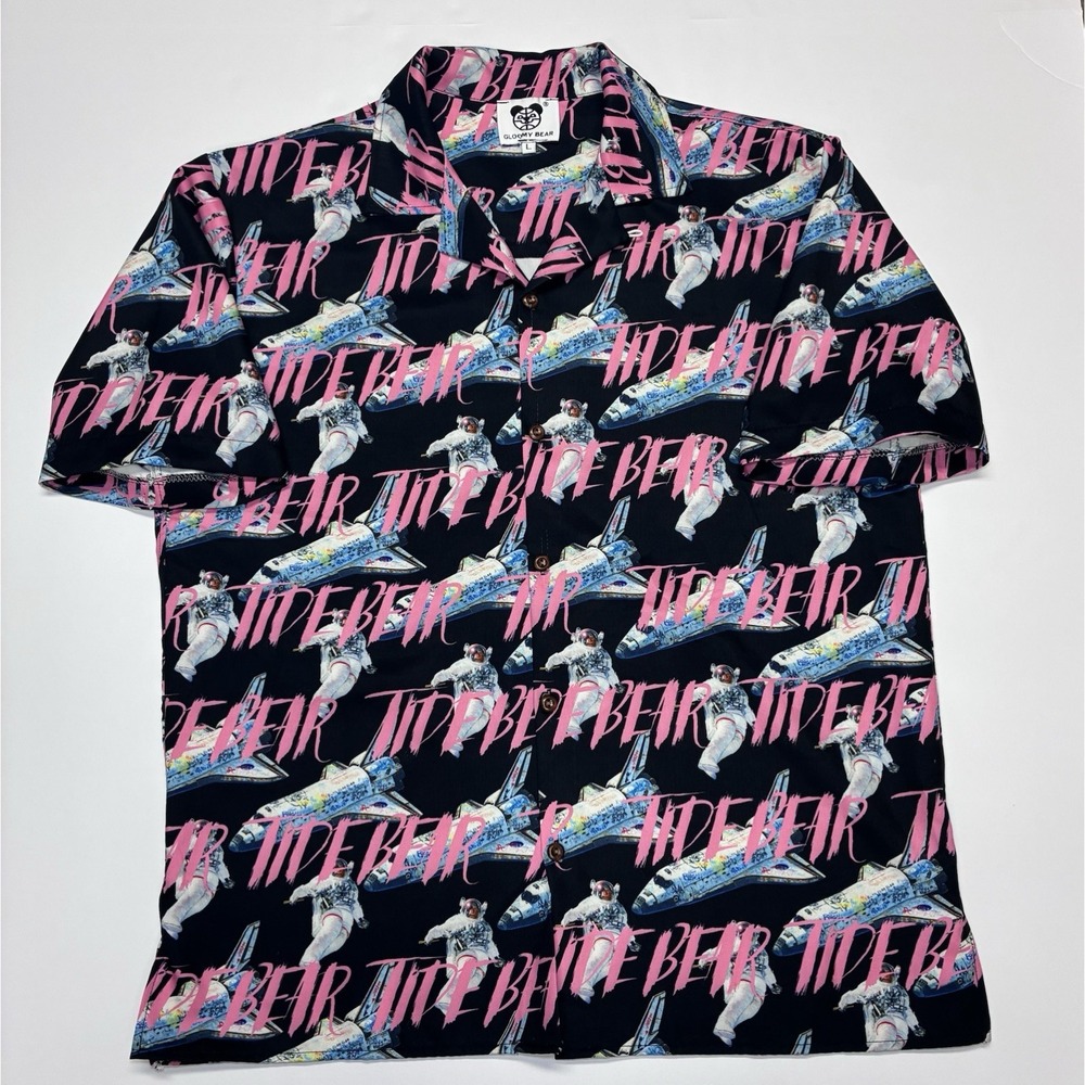 Gloomy Bear Mens Large Short Sleeve Button Up Tide Bear Space Shuttle Shirt
